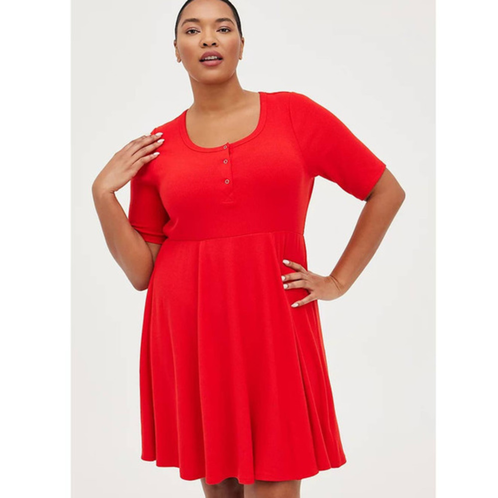 Torrid 0 (0X size 12) New Cute Cherry Red Scoop Neck Ribbed Casual Skater Dress